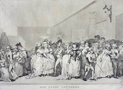 Box Lobby Loungers, geëtst door Rowlandson naar een ontwerp van Henry Wigstead, uitgegeven door John Raphael Smith, 1786 door Thomas Rowlandson