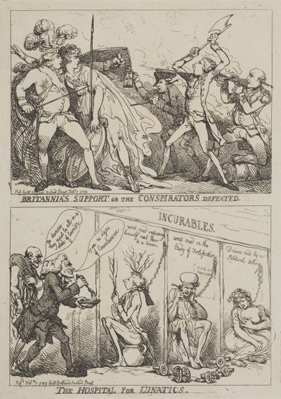 De steun van Britannia of de nederlaag van de samenzweerders – Het ziekenhuis voor geesteszieken door Thomas Rowlandson