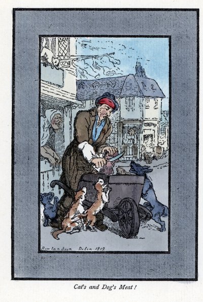 Rondreizende slager die een stuk vlees snijdt, terwijl honden en katten de wielen van zijn kruiwagen aanvallen. Houtsnede, gebaseerd op een schilderij door Thomas Rowlandson (1756-1827), gepubliceerd in The Cris of London: met zes charmante kinderen en bij door Thomas Rowlandson