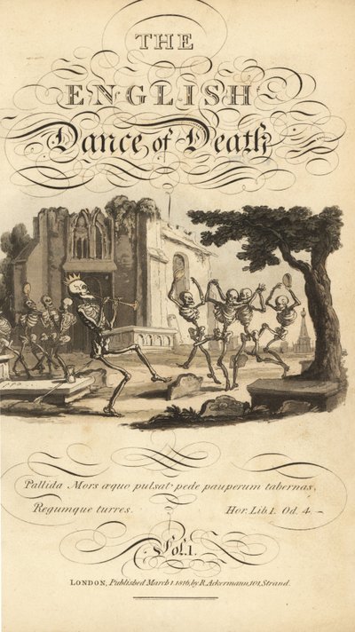 Kalligrafische titel en vignet van skeletten die dansen met tamboerijnen en hoorns op een kerkhof bij een vervallen kerk. Handgekleurde kopergravure door Thomas Rowlandson uit The English Dance of Death, Ackermann, Londen door Thomas Rowlandson