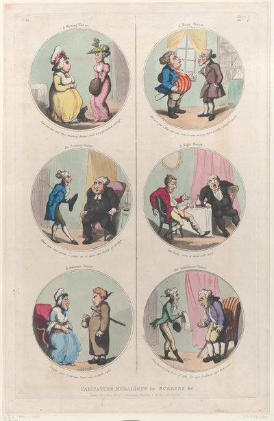 Karikatuur Medaillons voor Schermen &c: Een Ochtendbezoeker, Een Avondbezoeker door Thomas Rowlandson