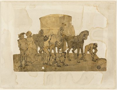 Koetspaarden en Staljongens door Thomas Rowlandson