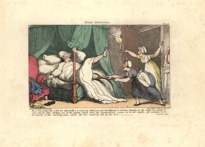 Kamermeisje trekt aan het houten been van een slapende gast door Thomas Rowlandson