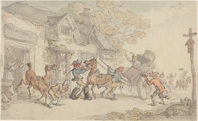 Paarden Wisselen bij een Posthuis in Frankrijk door Thomas Rowlandson