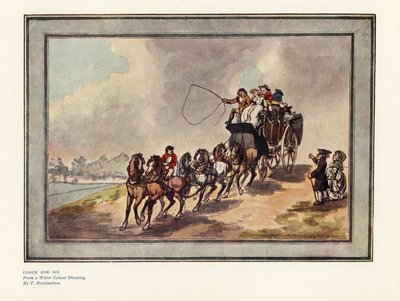 Koets en zes paarden met passagiers en bagage op het dak door Thomas Rowlandson