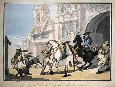 "College Jockies, De herbergier zweet voor zijn vee", uitgegeven door E. Jackson door Thomas Rowlandson