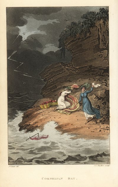 Cornelian Bay: Regency vrouwen op een picknick worden verrast door een plotselinge storm. Handgekleurde kopergravure door Thomas Rowlandson, aquatint door J.C. Stadler, naar een schets van J. Green uit Poetical Sketches of Scarborough, Ackermann, Londen door Thomas Rowlandson