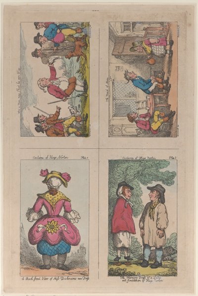 Kostuum van Hogs Norton, hoe een man zijn eigen pruik kan schieten, en de meid van Mim, 1809 door Thomas Rowlandson