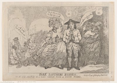 Donkere Lantaarn Zaken, of, Mevrouw Hob en Nob Op een Nachtelijke Canvass Met een Boezemvriend..., 24 april 1784 door Thomas Rowlandson