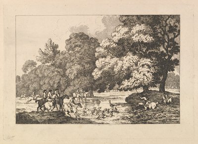 Hertenjacht – Een landschapsscène met een hert en jachthonden in een rivier door Thomas Rowlandson