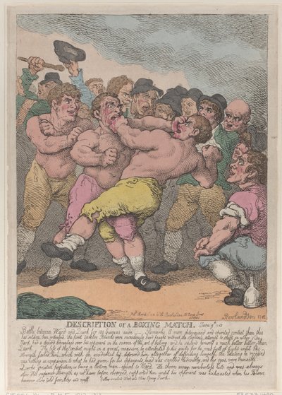 Beschrijving van een bokswedstrijd tussen Ward en Quirk voor 100 Guineas per kant, maart 1812 door Thomas Rowlandson