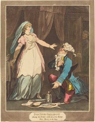 Dokter Gallipot plaatst zijn Fortuin aan de voeten van zijn Meesteres door Thomas Rowlandson