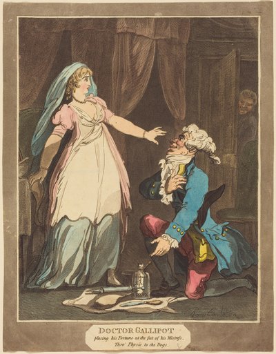 Dokter Gallipot legt zijn fortuin aan de voeten van zijn geliefde door Thomas Rowlandson