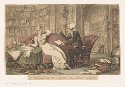 Doctor Syntax met een vrouw in een bibliotheek door Thomas Rowlandson