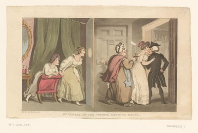 Doctor Syntax wordt door een deur geleid door twee vrouwen door Thomas Rowlandson
