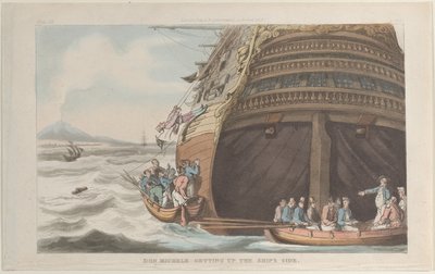 Don Michele klimt aan boord van het schip door Thomas Rowlandson