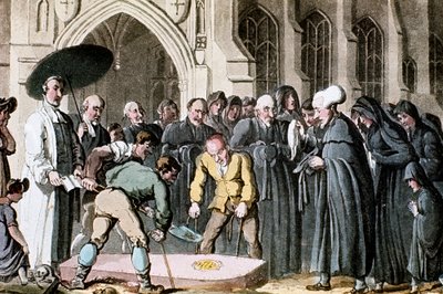 Dr. Syntax kijkt toe hoe de kist van zijn vrouw in het graf wordt neergelaten, 1820 door Thomas Rowlandson