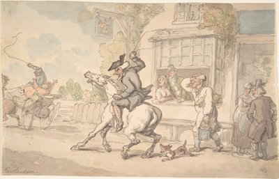 Dr. Syntax met een weerbarstig paard voor een herberg door Thomas Rowlandson