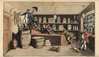 Dronken Johnny achtervolgd door nachtwakers in een kruidenierswinkel op het punt om in een vat boter te vallen. Handgekleurde kopergravure door W. Read naar een illustratie van Thomas Rowlandson uit Alfred Burton