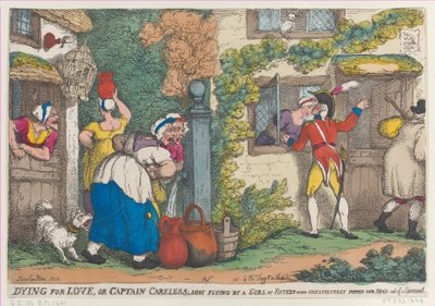 Sterven voor Liefde, of Kapitein Roekeloos, Neergeschoten door een Meisje van Vijftien die Onverwacht Verschijnt door Thomas Rowlandson