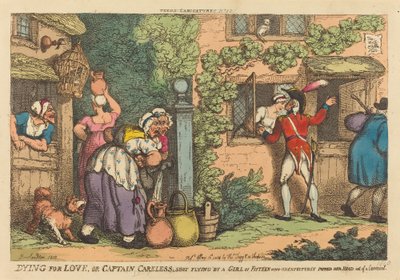 Sterven voor Liefde, of Kapitein Onvoorzichtig neergeschoten door een Meisje van Vijftien, die Onverwachts haar Hoofd uit een Venster Stak door Thomas Rowlandson