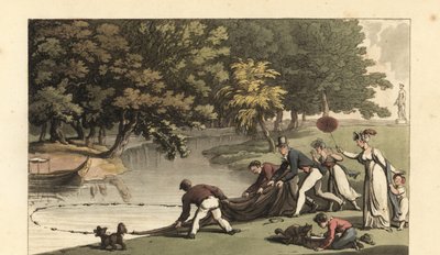 Engelse heer en personeel vissen in een rivier door Thomas Rowlandson