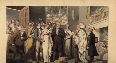 Engelse heer trouwt met zijn bruid in een statig huis door Thomas Rowlandson