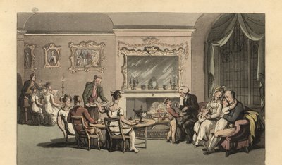 Engelse heer, vrouw en kinderen ontspannen in de salon door Thomas Rowlandson