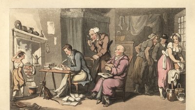 Engelse heer die een bedelbrief schrijft in een vervallen salon door Thomas Rowlandson