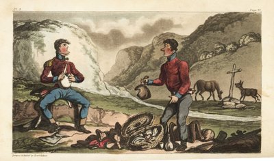 Vaandrig Johnny Newcome en zijn onderofficier ontbijten met ham, rundvlees, biscuit en brandewijn langs de weg in Portugal. Handgekleurde kopergravure getekend en geëtst door Thomas Rowlandson uit Colonel David Roberts