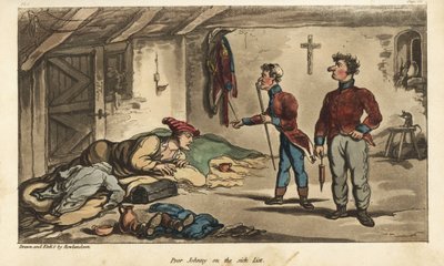 Vaandrig Johnny Newcome met dysenterie in zijn ticket in Medina, Spanje. Handgekleurde kopergravure getekend en geëtst door Thomas Rowlandson uit Colonel David Roberts