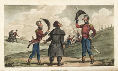 Vaandrig Johnny Newcome voorgesteld aan de Kolonel van zijn regiment voor de Slag bij Salamanca. Handgekleurde kopergravure getekend en geëtst door Thomas Rowlandson uit Kolonel David Roberts