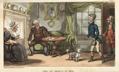 Vaandrig Johnny Newcome keert terug naar Engeland met ziekteverlof van de Peninsula Campagne. Handgekleurde kopergravure getekend en geëtst door Thomas Rowlandson uit Colonel David Roberts
