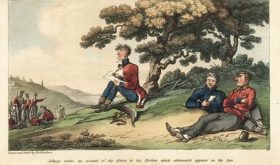 Vaandrig Johnny Newcome schrijft een brief aan zijn moeder over de Slag bij Salamanca door Thomas Rowlandson