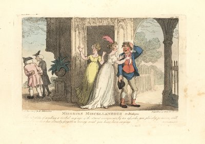 Modieuze vrouw die een mondeling bericht via een nar stuurt door Thomas Rowlandson