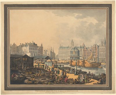 Feyge Dam, met een deel van de vismarkt in Amsterdam door Thomas Rowlandson