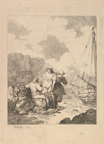 Vissers aan de kust - Kustscène met een man zittend op rotsen en een pijp rokend, 1786 door Thomas Rowlandson