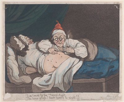Vijf keer bij het licht van de kaars, Het zandloper heb ik naar de nacht gedraaid!!, 1793 door Thomas Rowlandson