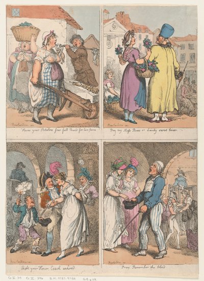 Vier scènes uit de Cries of London-serie: Hier zijn je aardappelen..., Koop mijn mos..., 1 augustus 1801 door Thomas Rowlandson