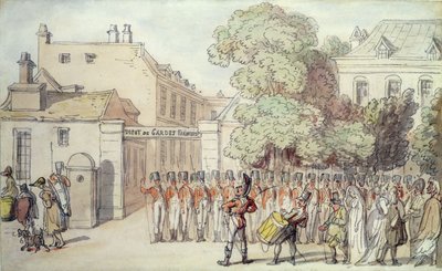 Franse soldaten op parade door Thomas Rowlandson
