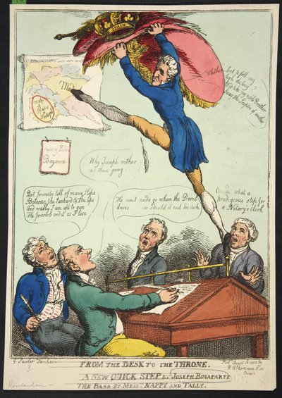 Van het bureau naar de troon. Een nieuwe Quick Step door Joseph Bonaparte. De bas door de heren Nappy en Talley, pub. 1808 (handgekleurde gravure) door Thomas Rowlandson