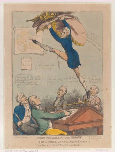 Van het bureau naar de troon, een nieuwe snelle stap door Joseph Bonaparte de bas door M..., 18 augustus 1808 door Thomas Rowlandson
