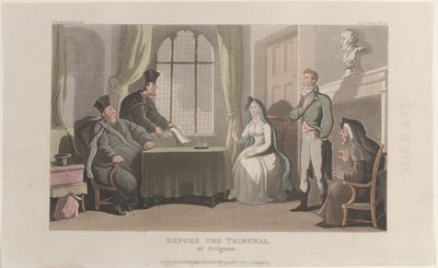 Frontispice: Voor het tribunaal in Avignon, uit Journal of Sentimental Travels in the ..., 1821 door Thomas Rowlandson
