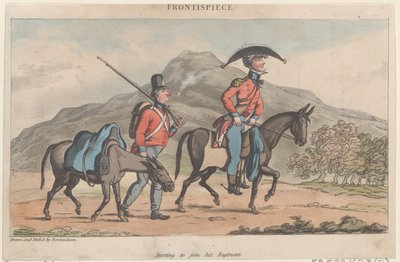 Frontispice: Begint zich bij zijn regiment aan te sluiten, uit The Military Adventures of Johnny Newco... door Thomas Rowlandson