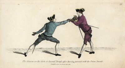 Gentleman schermer ontwapent zijn tegenstander op de Carte of Tweede Stoot, na het pareren met de Prime Parade. Handgekleurde kopergravure naar een illustratie door Thomas Rowlandson uit Mr. Domenico Angelo