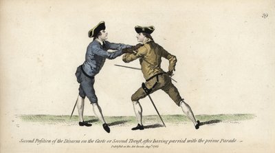 Gentleman schermer in de tweede positie van de ontwapening op de Carte of tweede stoot, na de Prime Parade parry. Handgekleurde kopergravure naar een illustratie van Thomas Rowlandson uit Mr. Domenico Angelo