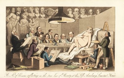 Georgische kunstenaars waaronder Benjamin West, Thomas Lawrence, Benjamin Haydon, Joseph Farrington, Richard Westall en Martin Archer Shee tekenen een naaktmodel, terwijl klassieke bustes neerkijken. Royal Academicians of Genius reflecting on the true line door Thomas Rowlandson
