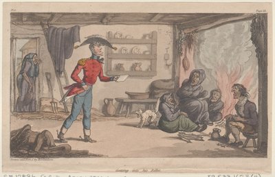Zijn kwartier binnengaan, uit De militaire avonturen van Johnny Newcome door Thomas Rowlandson