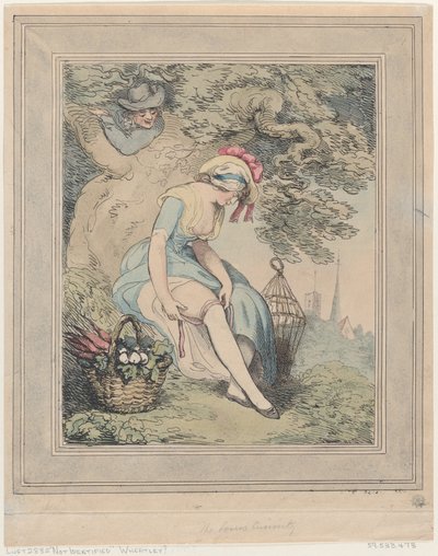 Meisje met een Mand en Vogelkooi die Haar Kousenband Aanpast door Thomas Rowlandson