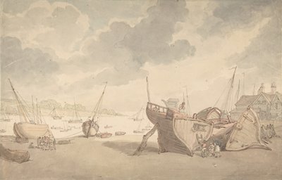 Havengezicht met eb en gestrande boten door Thomas Rowlandson